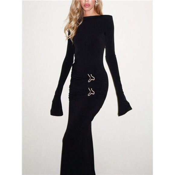 Fashion Round Neck Bodycon Ruched Long Sleeve Waist Cinching Metal Accent Dress